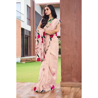 Aparnaa Pink Tissue Patchwork Saree with Unstitched Blouse