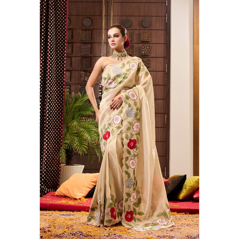 Aparnaa Beige Tissue Applique Saree with Unstitched Blouse