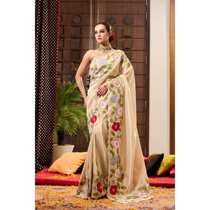 Aparnaa Beige Tissue Applique Saree with Unstitched Blouse