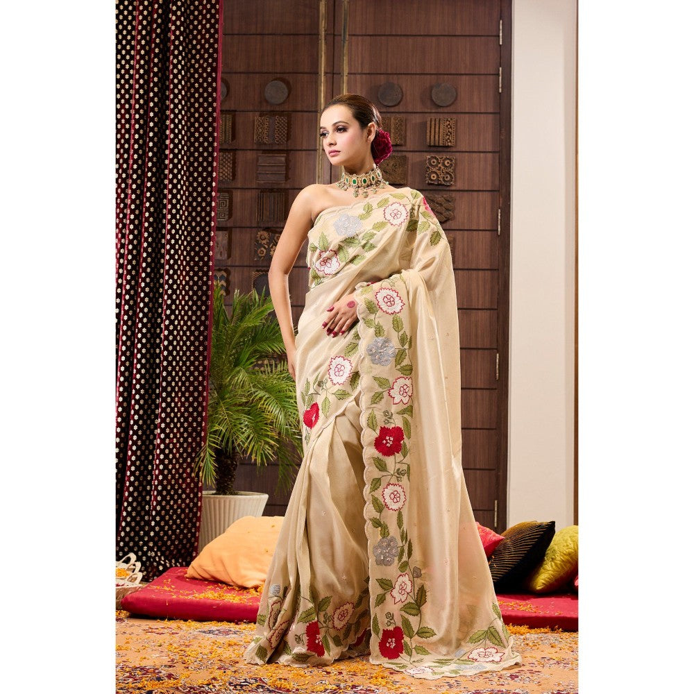 Aparnaa Beige Tissue Applique Saree with Unstitched Blouse