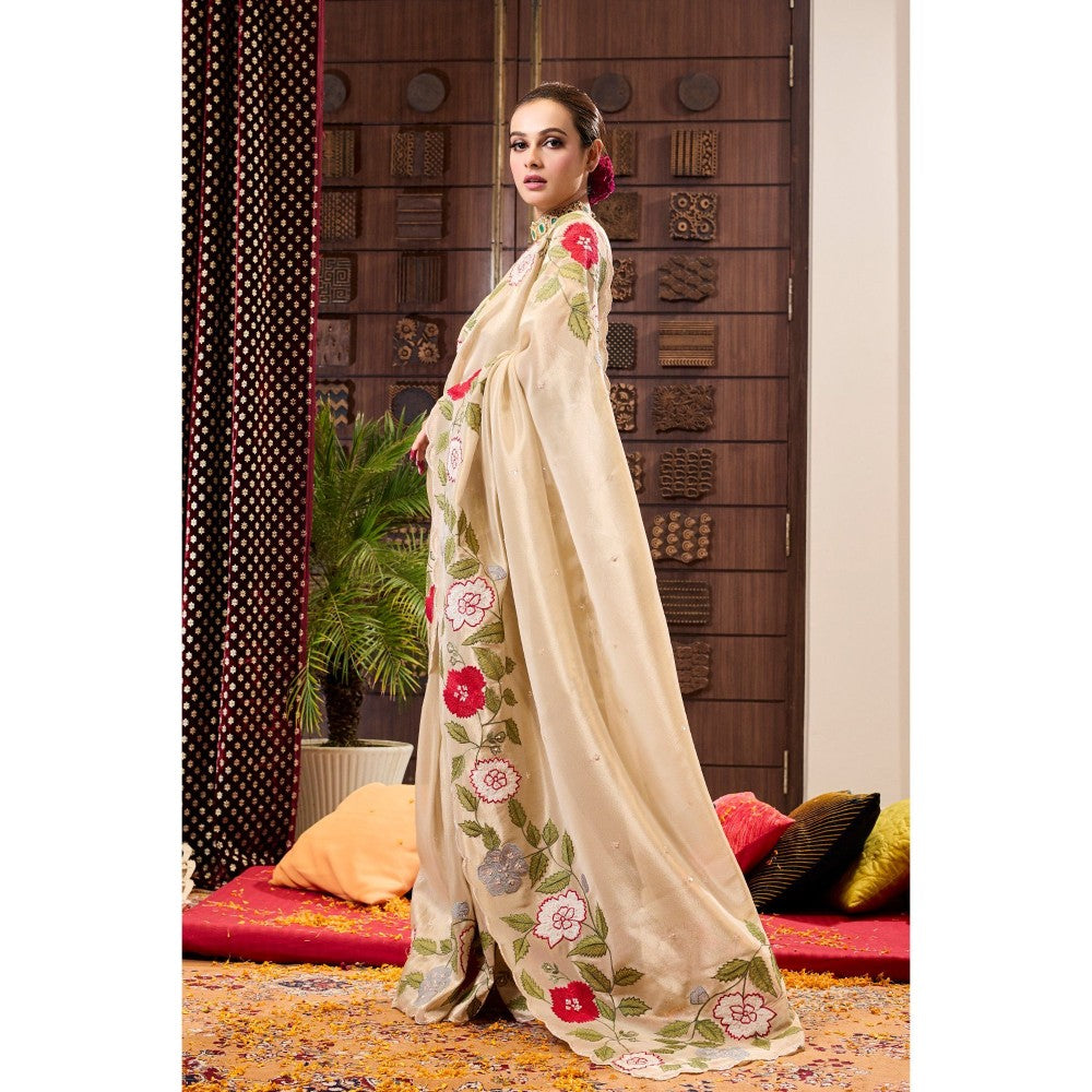 Aparnaa Beige Tissue Applique Saree with Unstitched Blouse