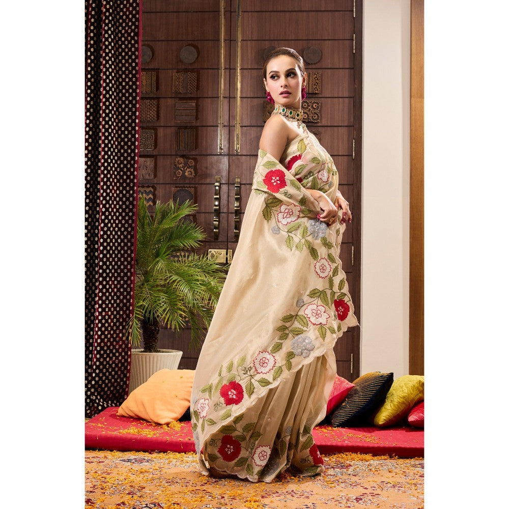 Aparnaa Beige Tissue Applique Saree with Unstitched Blouse