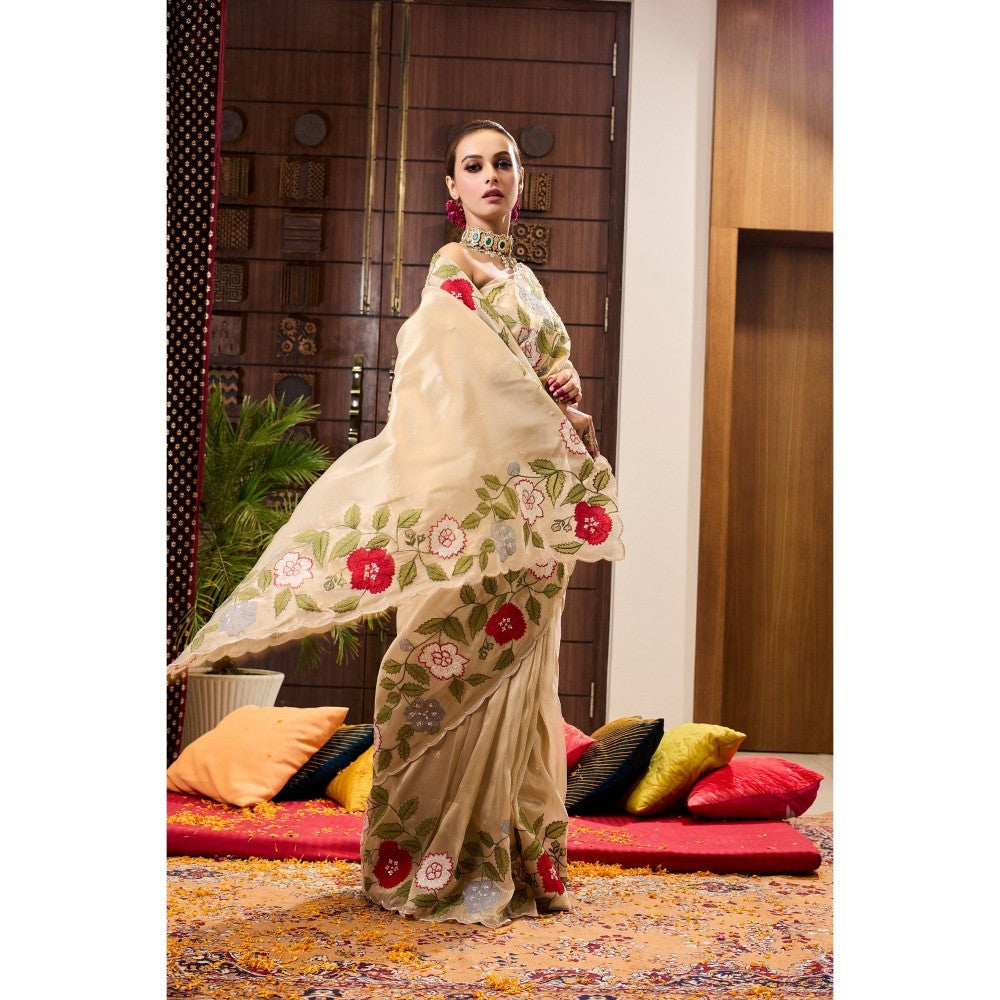 Aparnaa Beige Tissue Applique Saree with Unstitched Blouse