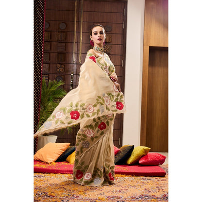 Aparnaa Beige Tissue Applique Saree with Unstitched Blouse