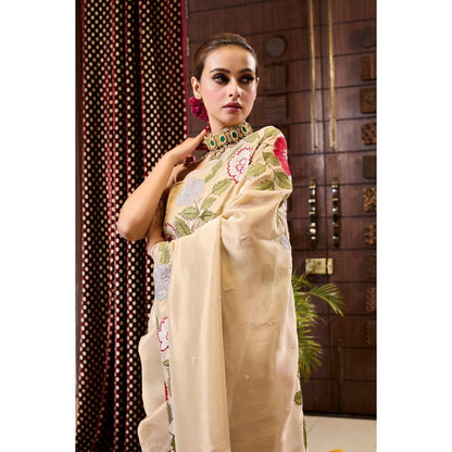 Aparnaa Beige Tissue Applique Saree with Unstitched Blouse