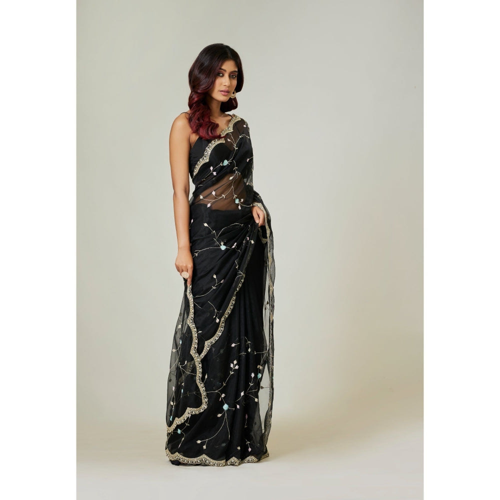 Aparnaa Black Organza Saree with Unstitched Blouse