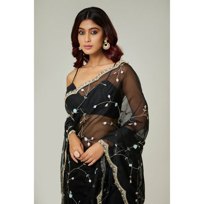 Aparnaa Black Organza Saree with Unstitched Blouse