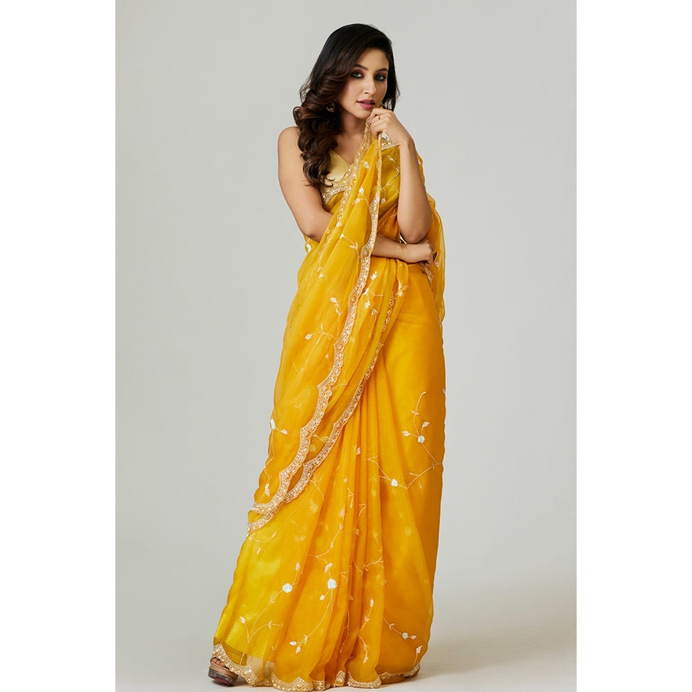 Aparnaa Yellow Organza Saree with Unstitched Blouse