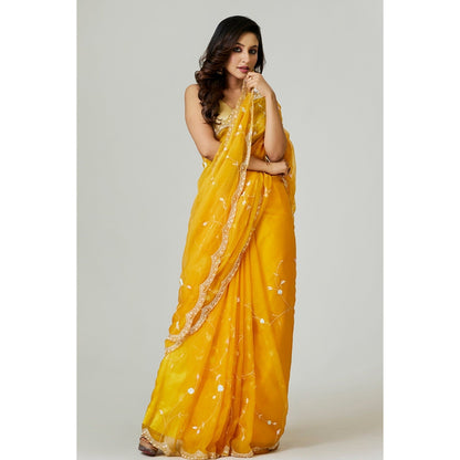 Aparnaa Yellow Organza Saree with Unstitched Blouse