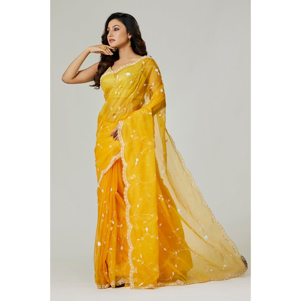 Aparnaa Yellow Organza Saree with Unstitched Blouse