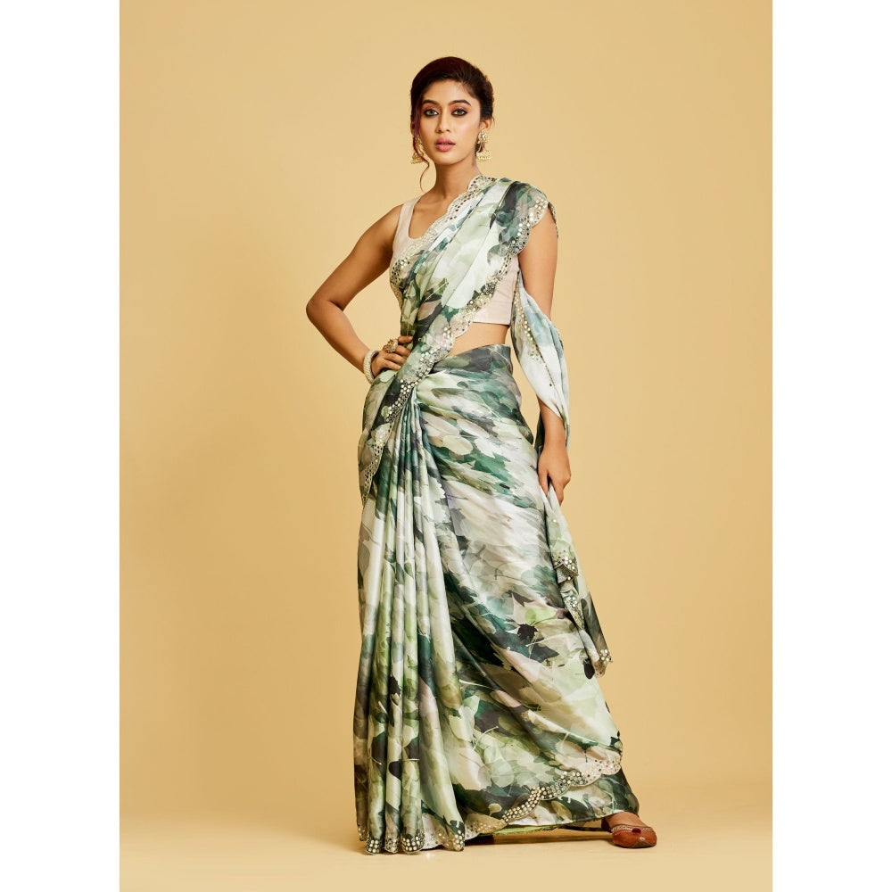 Aparnaa Green Leaf Printed Saree with Unstitched Blouse