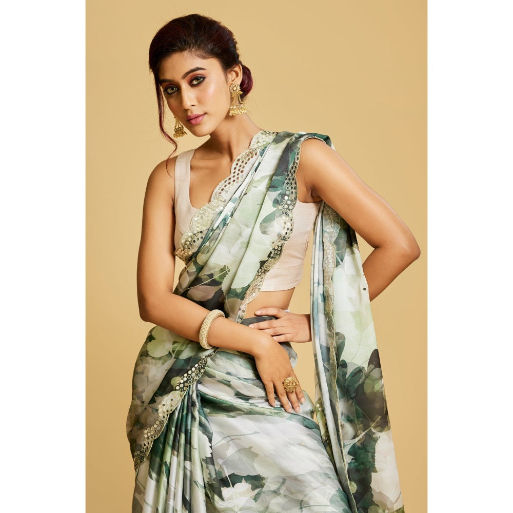 Aparnaa Green Leaf Printed Saree with Unstitched Blouse