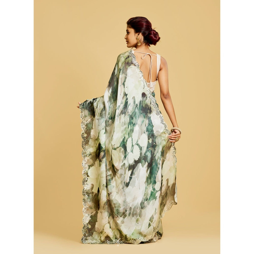 Aparnaa Green Leaf Printed Saree with Unstitched Blouse