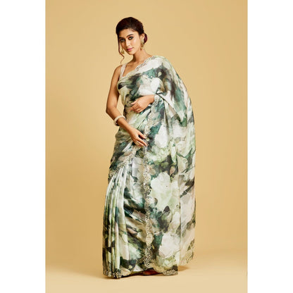 Aparnaa Green Leaf Printed Saree with Unstitched Blouse