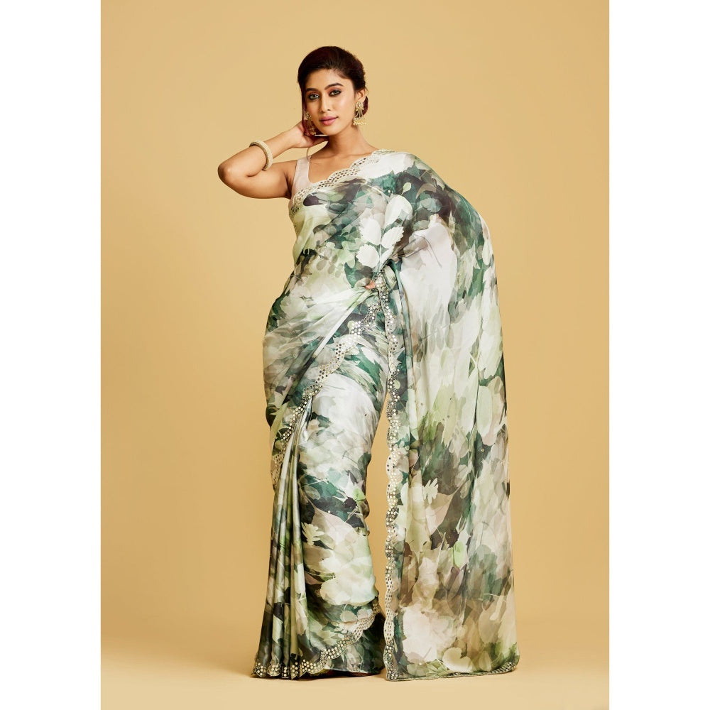 Aparnaa Green Leaf Printed Saree with Unstitched Blouse