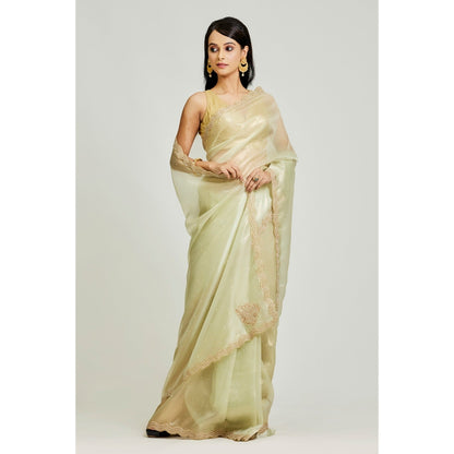Aparnaa Olive Green Organza Tissue Saree with Unstitched Blouse