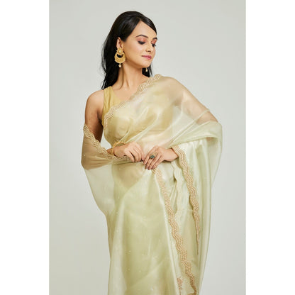 Aparnaa Olive Green Organza Tissue Saree with Unstitched Blouse
