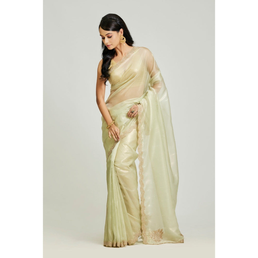 Aparnaa Olive Green Organza Tissue Saree with Unstitched Blouse