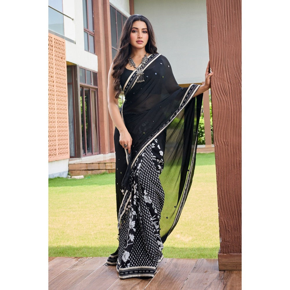 Aparnaa Black Half and Half Chiffon Saree with Unstitched Blouse