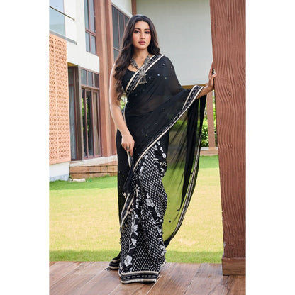 Aparnaa Black Half and Half Chiffon Saree with Unstitched Blouse