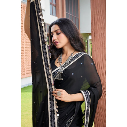 Aparnaa Black Half and Half Chiffon Saree with Unstitched Blouse