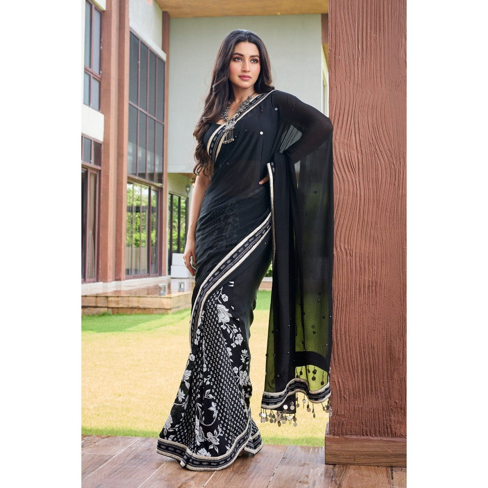 Aparnaa Black Half and Half Chiffon Saree with Unstitched Blouse