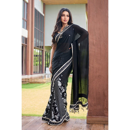 Aparnaa Black Half and Half Chiffon Saree with Unstitched Blouse
