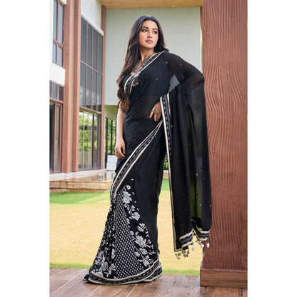 Aparnaa Black Half and Half Chiffon Saree with Unstitched Blouse