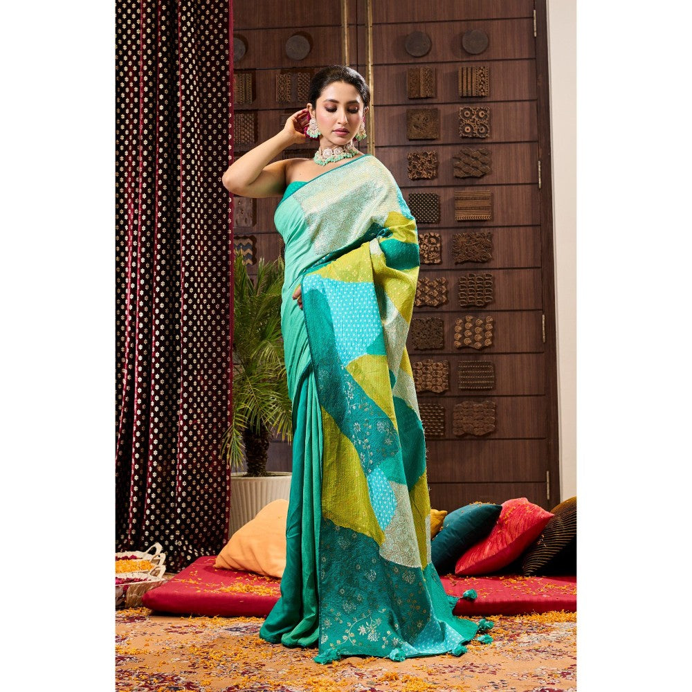 Aparnaa Green Patchwork Pure Muga Silk Saree with Unstitched Blouse