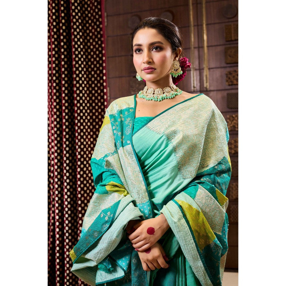 Aparnaa Green Patchwork Pure Muga Silk Saree with Unstitched Blouse