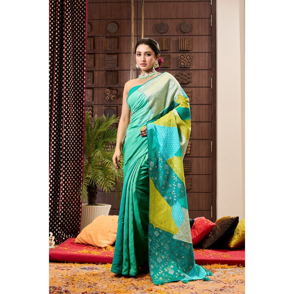 Aparnaa Green Patchwork Pure Muga Silk Saree with Unstitched Blouse