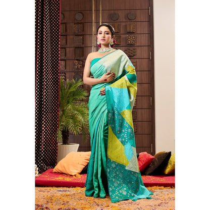 Aparnaa Green Patchwork Pure Muga Silk Saree with Unstitched Blouse
