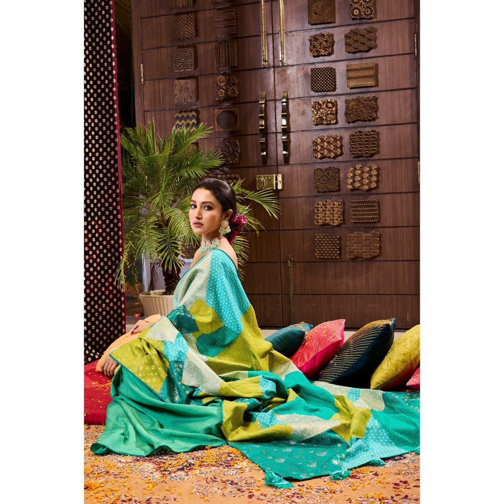 Aparnaa Green Patchwork Pure Muga Silk Saree with Unstitched Blouse