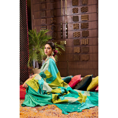 Aparnaa Green Patchwork Pure Muga Silk Saree with Unstitched Blouse