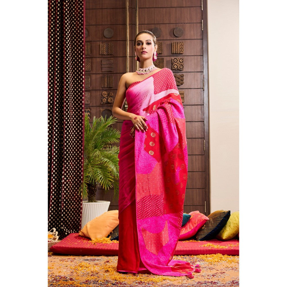 Aparnaa Pink Patchwork Pure Muga Silk Saree with Unstitched Blouse