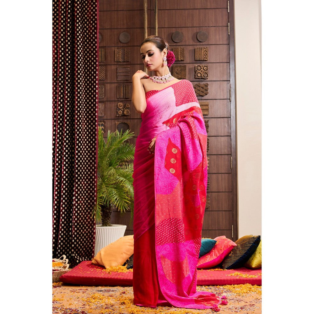 Aparnaa Pink Patchwork Pure Muga Silk Saree with Unstitched Blouse