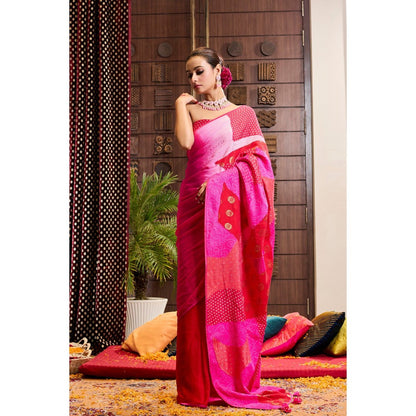Aparnaa Pink Patchwork Pure Muga Silk Saree with Unstitched Blouse
