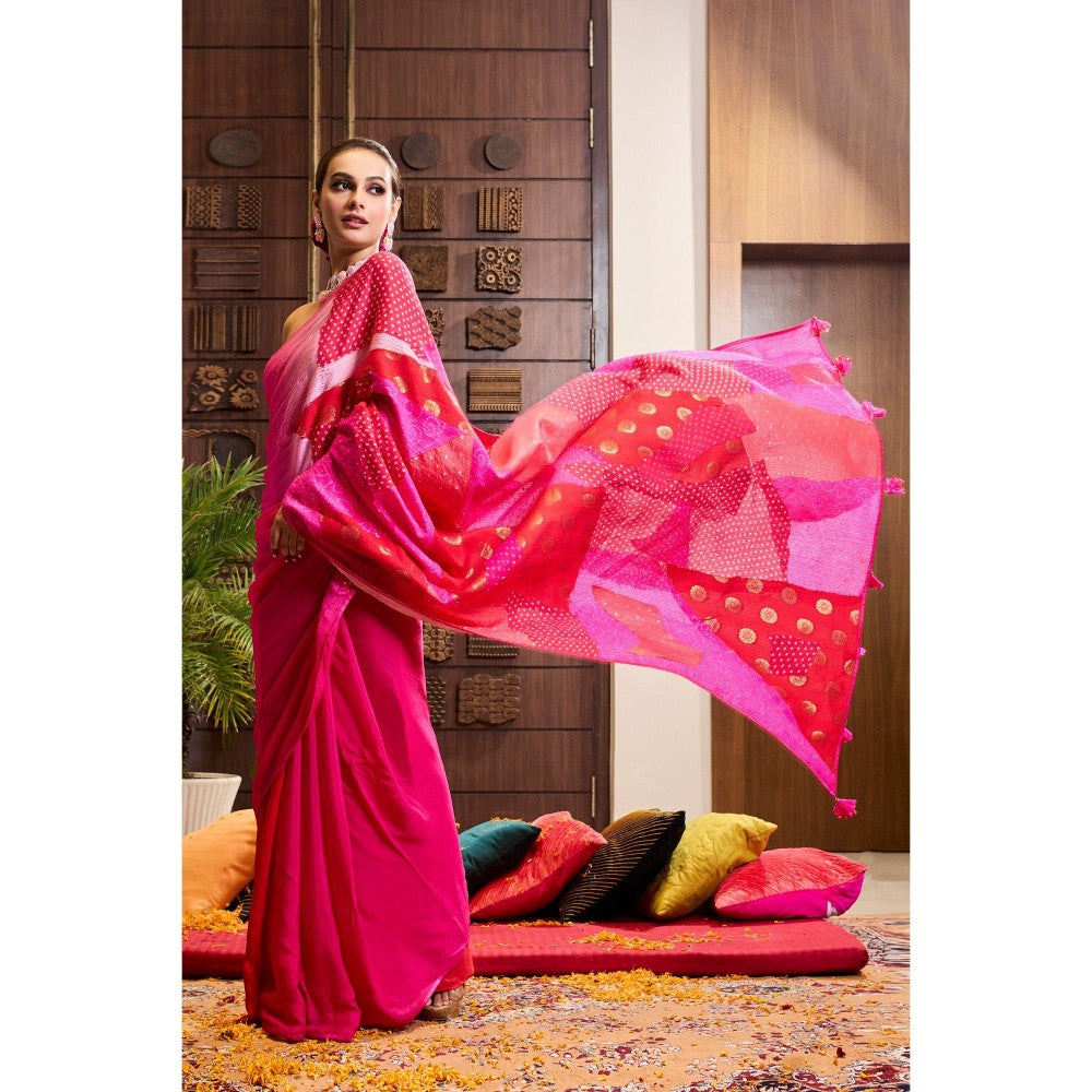 Aparnaa Pink Patchwork Pure Muga Silk Saree with Unstitched Blouse