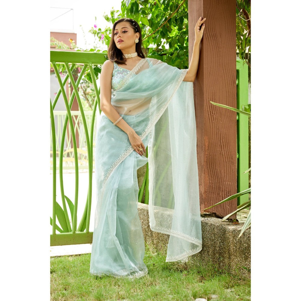 Aparnaa Sky Blue Glass Tissue Saree with Unstitched Blouse