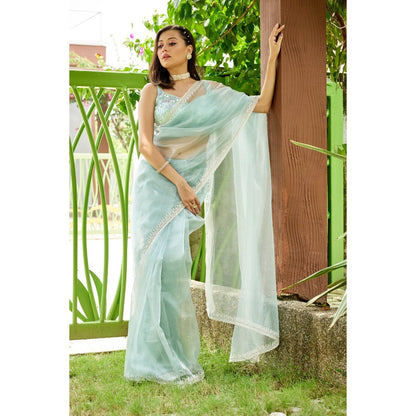 Aparnaa Sky Blue Glass Tissue Saree with Unstitched Blouse