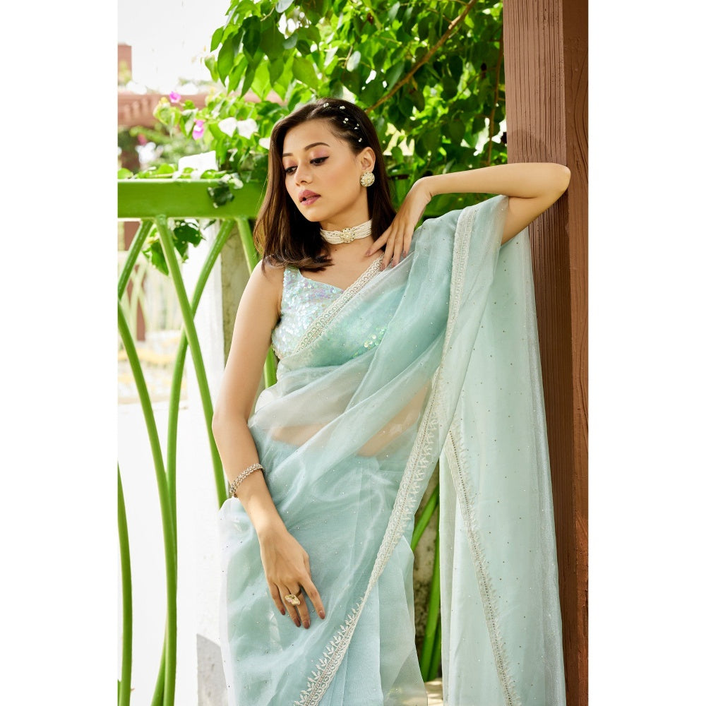 Aparnaa Sky Blue Glass Tissue Saree with Unstitched Blouse