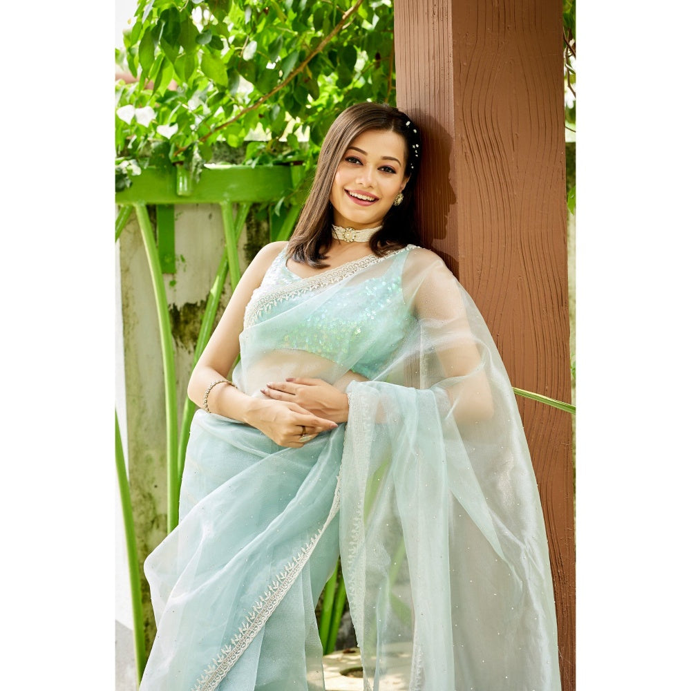 Aparnaa Sky Blue Glass Tissue Saree with Unstitched Blouse
