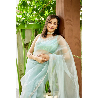Aparnaa Sky Blue Glass Tissue Saree with Unstitched Blouse