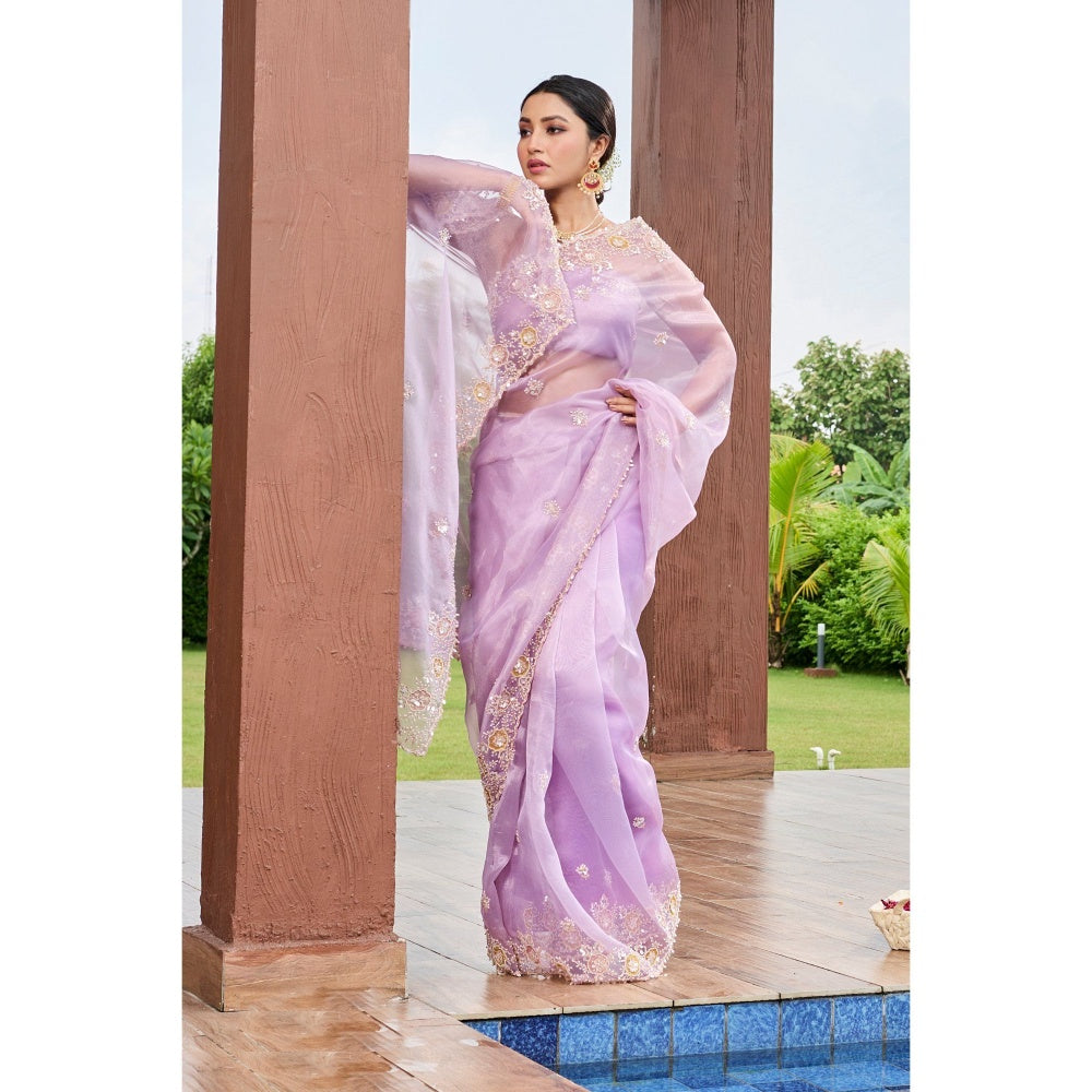 Aparnaa Lavender Hand Embroidered Tissue Saree with Unstitched Blouse
