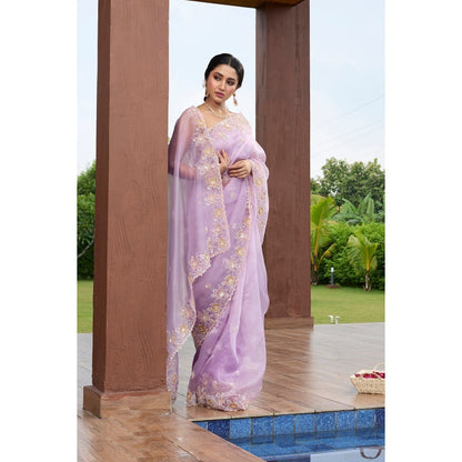 Aparnaa Lavender Hand Embroidered Tissue Saree with Unstitched Blouse