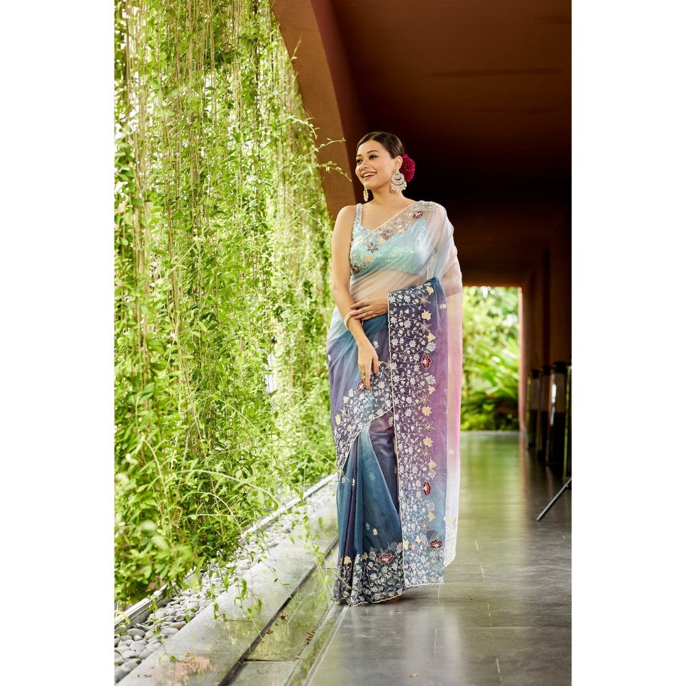 Aparnaa Multi-Colour Two-Colour Shaded Organza Saree with Unstitched Blouse