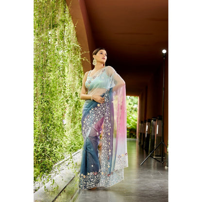 Aparnaa Multi-Colour Two-Colour Shaded Organza Saree with Unstitched Blouse