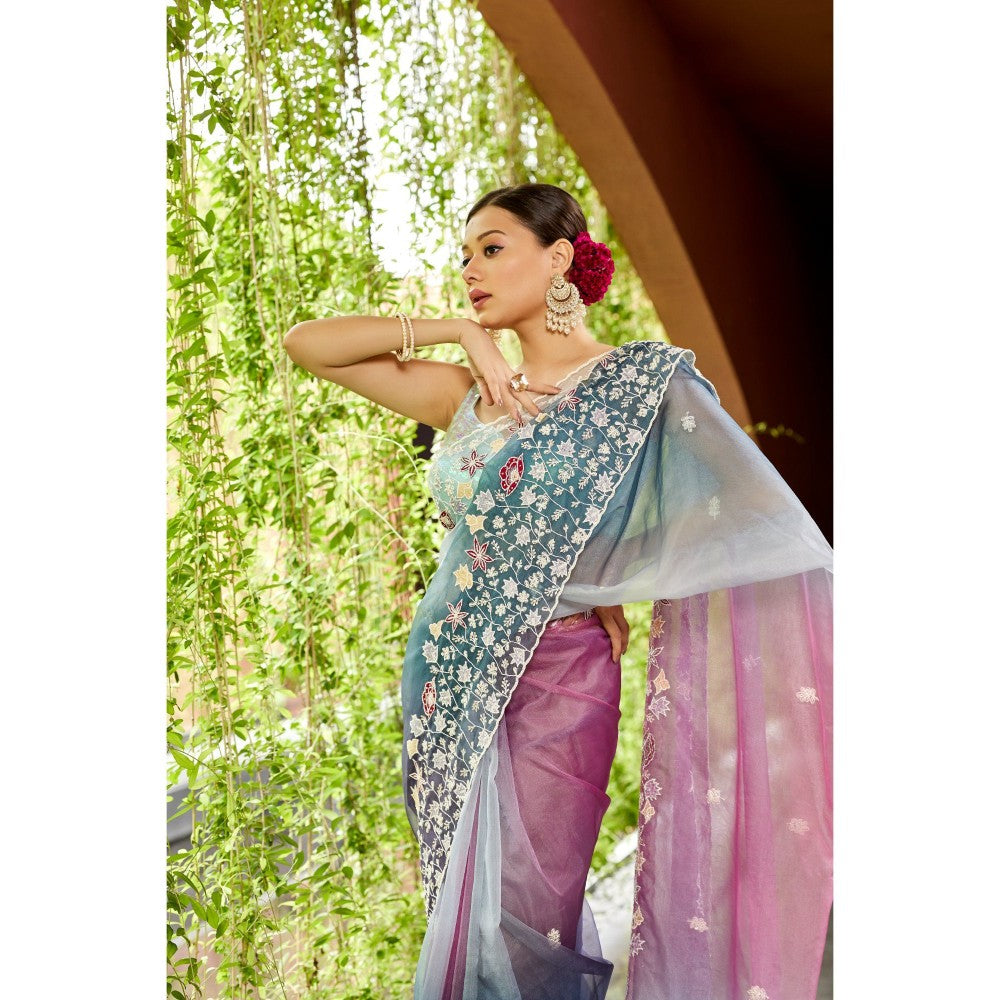 Aparnaa Multi-Colour Two-Colour Shaded Organza Saree with Unstitched Blouse