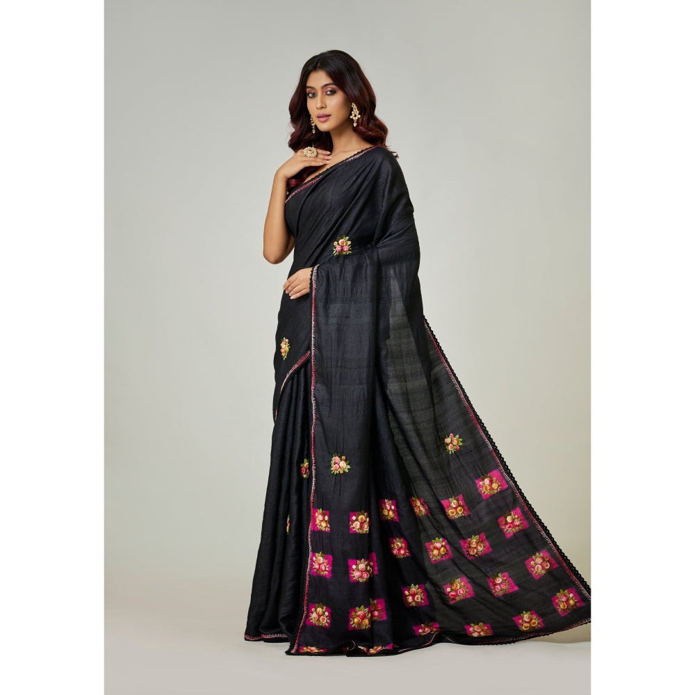 Aparnaa Black Pure Tussar Saree with Unstitched Blouse