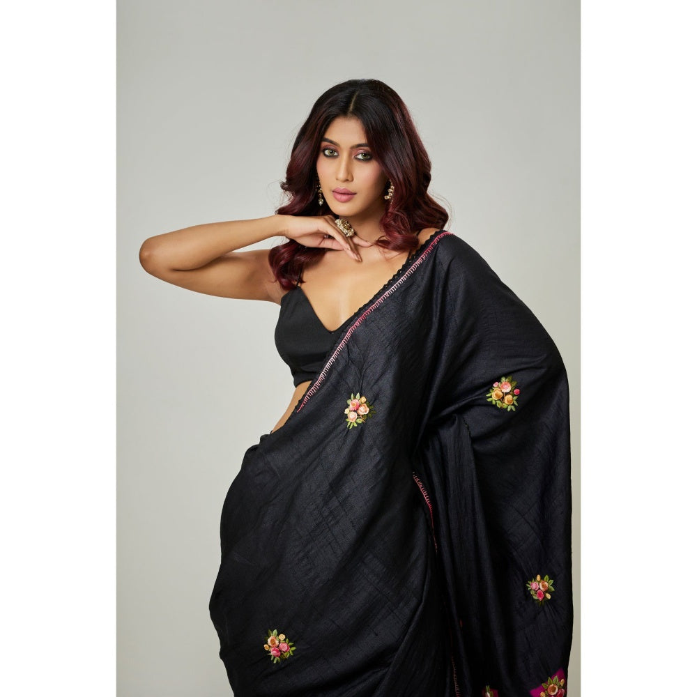 Aparnaa Black Pure Tussar Saree with Unstitched Blouse